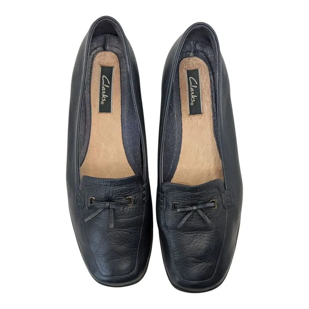 Women's Clarks Navy Leather Loafers Flats Moccasins Driving Shoes Comfort Size 9